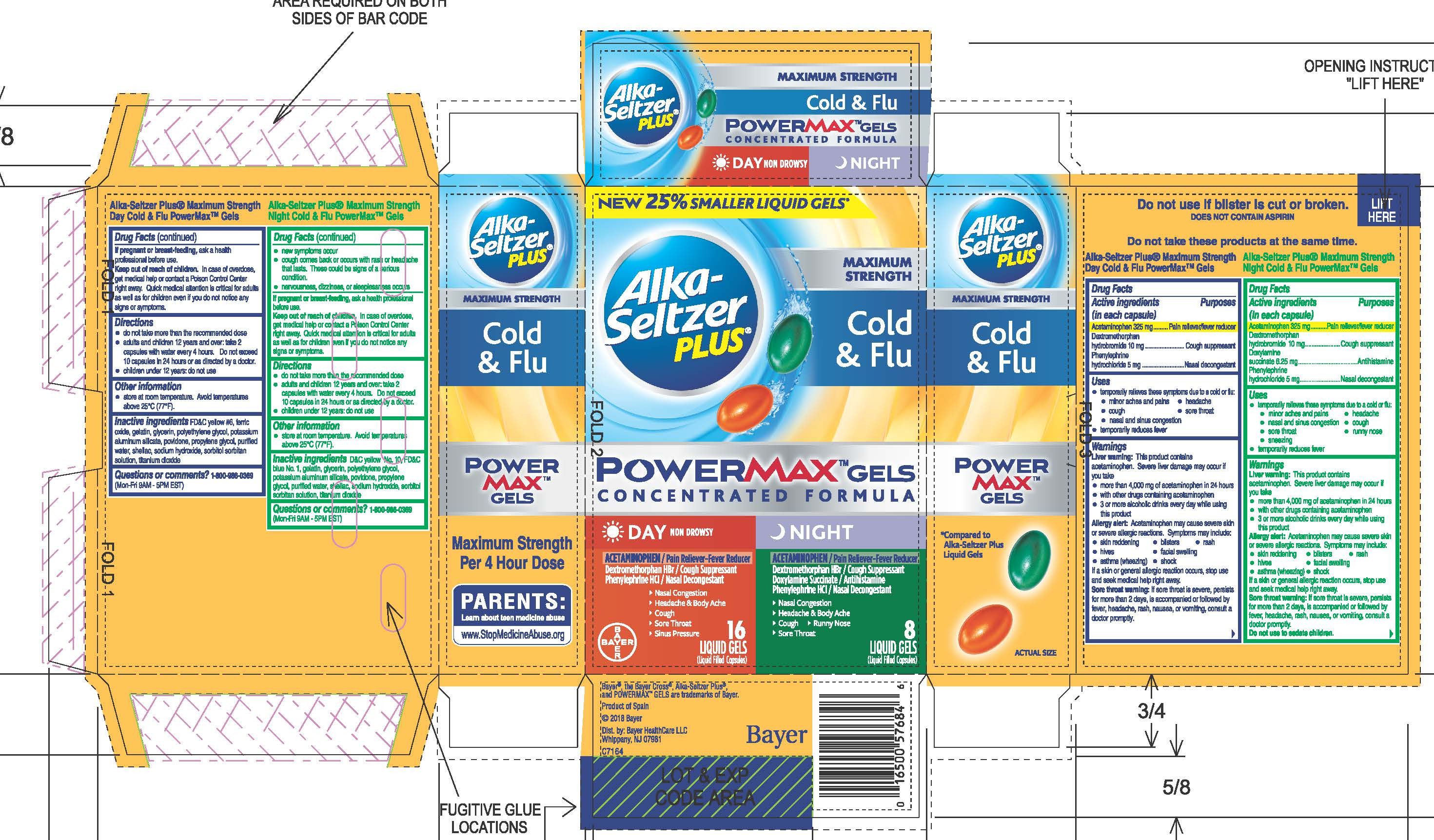 ALKA-SELTZER PLUS MAXIMUM STRENGTH DAY AND NIGHT COLD AND FLU POWERMAX GELS (ACETAMINOPHEN, DEXTRMETHORPHAN HYDROBROMIDE, DOXYLAMINE SUCCINATE, PHENYLEPHRINE HYDROCHLORIDE) KIT [BAYER HEALTHC